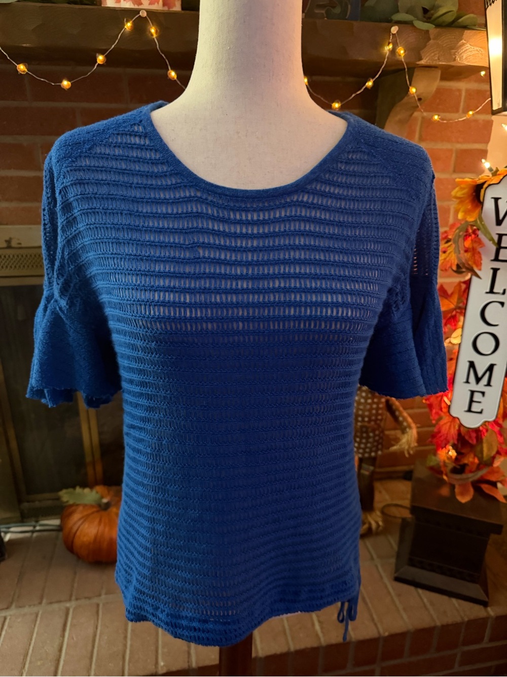 Free People Cobalt Blue Open Knit Crochet Top Side Tie Women’s